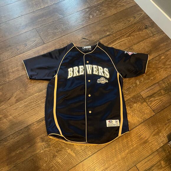 Brewers National League True Fan Gen Merch Navy Gold Button Jersey Youth Sz LGE - Picture 1 of 6